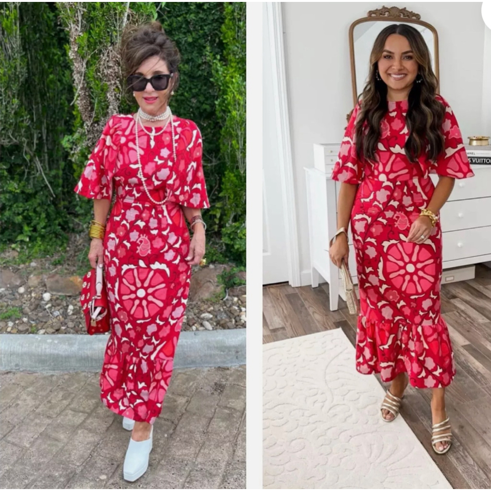 Rhode x Target Red Floral Linen Blend Midi Dress Womens Size 20 Blogger Favorite
